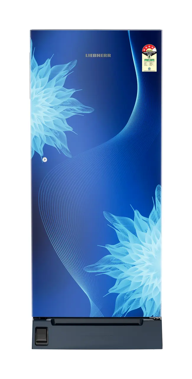 Product image, Perspective: straight closed, Single-door fridge 186 l with foot pedal base drawer and iCoolTouch UI, Casing colour: blue, Door colour: Blue Mystiq