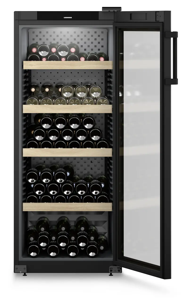 Product image, Perspective: straight open decorated, Wine storage cabinet, Casing colour: black, Door colour: black