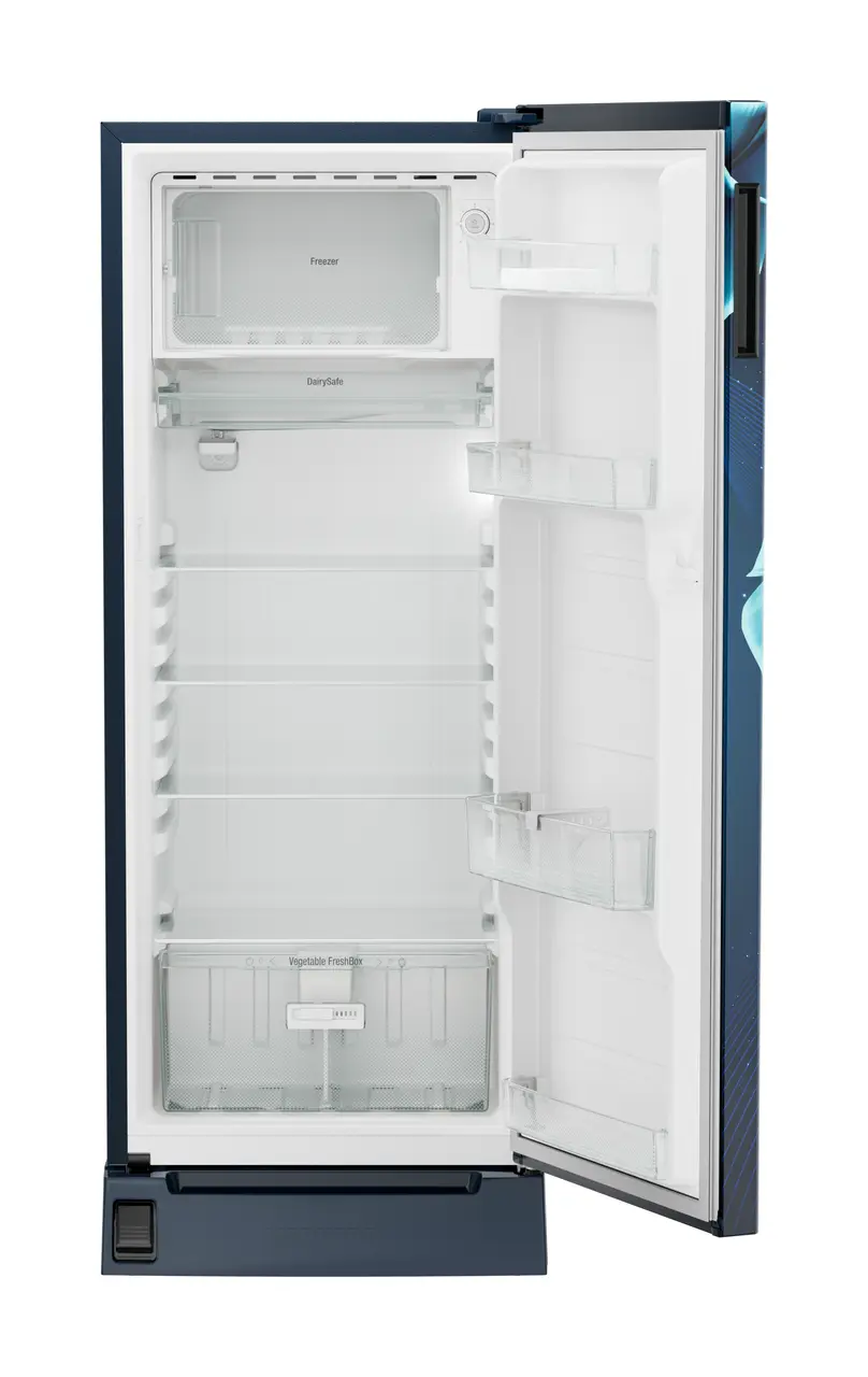 Product image, Perspective: straight open empty, Single-door refrigerator 222 l in 3 star with foot pedal base drawer, Casing colour: blue, Door colour: Blue Divine