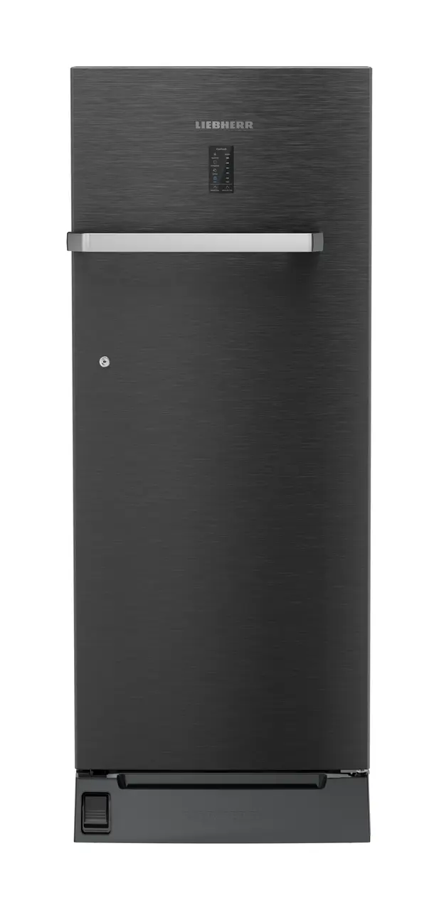 Product image, Perspective: straight closed, Single-door refrigerator 222 l with foot pedal base drawer and iCoolTouch UI, Casing colour: grey, Door colour: BlackSteel