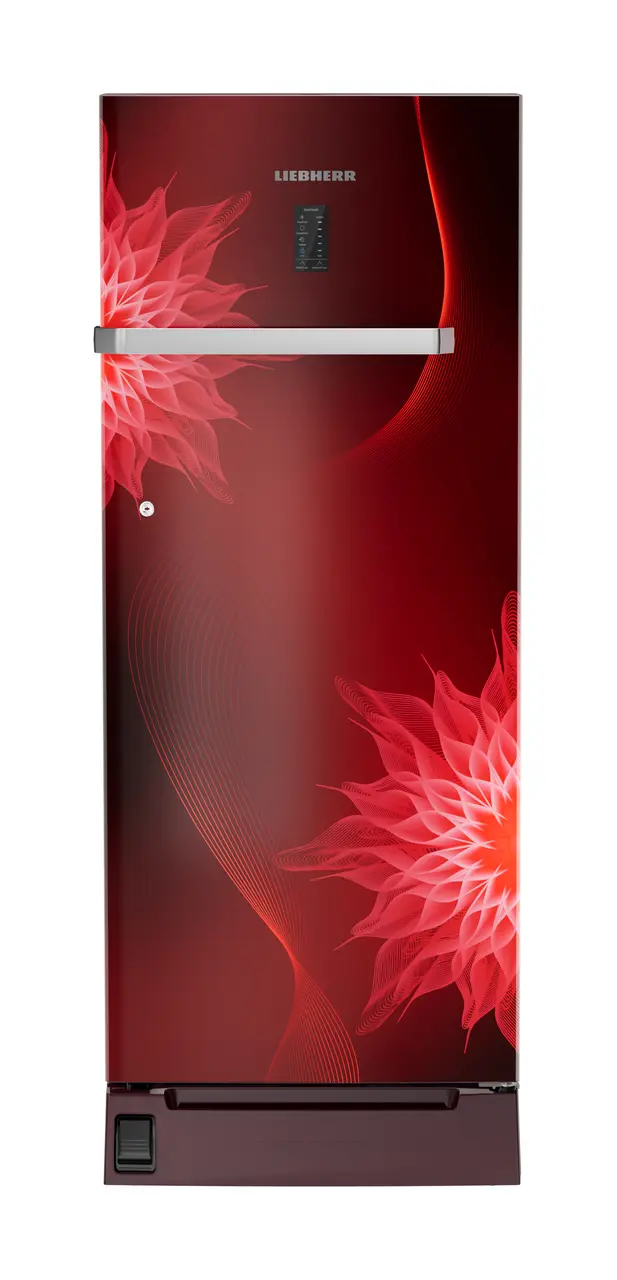 Product image, Perspective: straight closed, Single-door refrigerator 222 l with foot pedal base drawer and iCoolTouch UI, Casing colour: red, Door colour: Red Mystiq