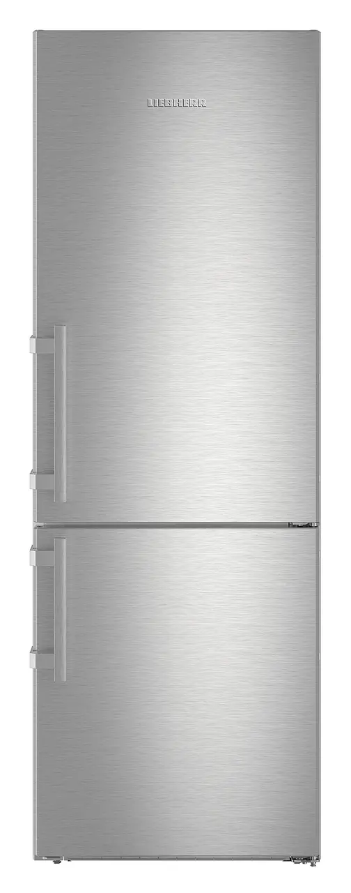 Product image, Perspective: straight closed, Combined fridge-freezers with BioCool and NoFrost, Casing colour: silver, Door colour: stainless steel