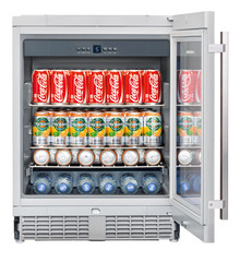 Product image, Perspective: straight open decorated, Under-worktop refrigerator, Casing colour: grey, Door colour: silver