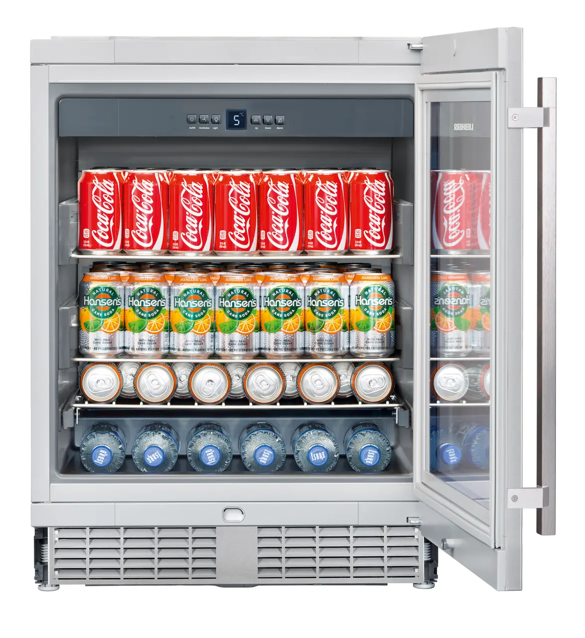 Product image, Perspective: straight open decorated, Under-worktop refrigerator, Casing colour: grey, Door colour: silver