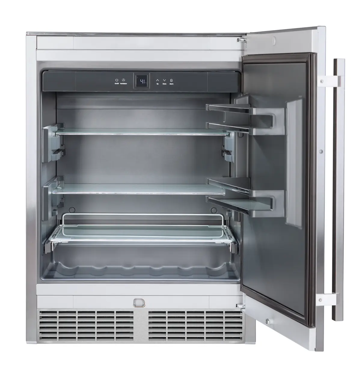 Product image, Perspective: straight open empty, Outdoor fridge, Casing colour: grey, Door colour: stainless steel