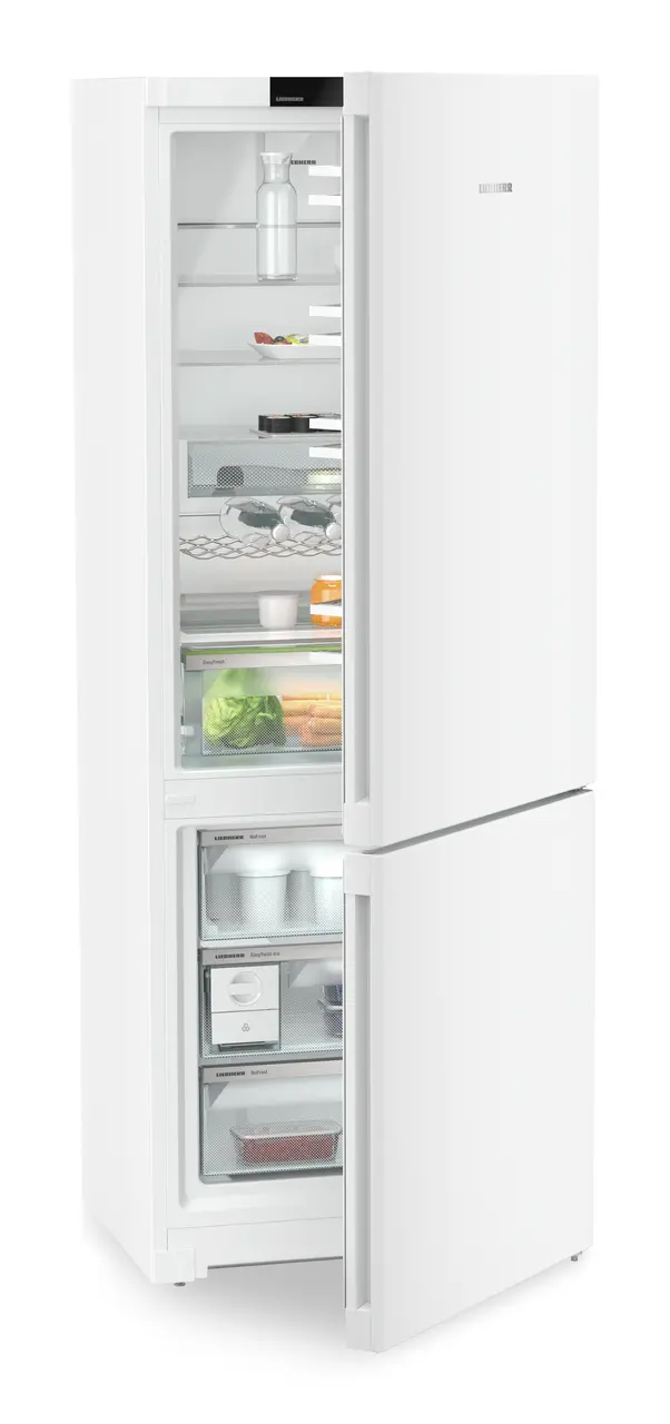 Product image, Perspective: oblique half-open decorated, Combined fridge-freezers with EasyFresh and NoFrost, Casing colour: white, Door colour: white
