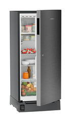 Product image, Perspective: oblique half-open decorated, Single-door refrigerator 191 l in 3 star with foot pedal base drawer, Casing colour: grey, Door colour: Silver Steel