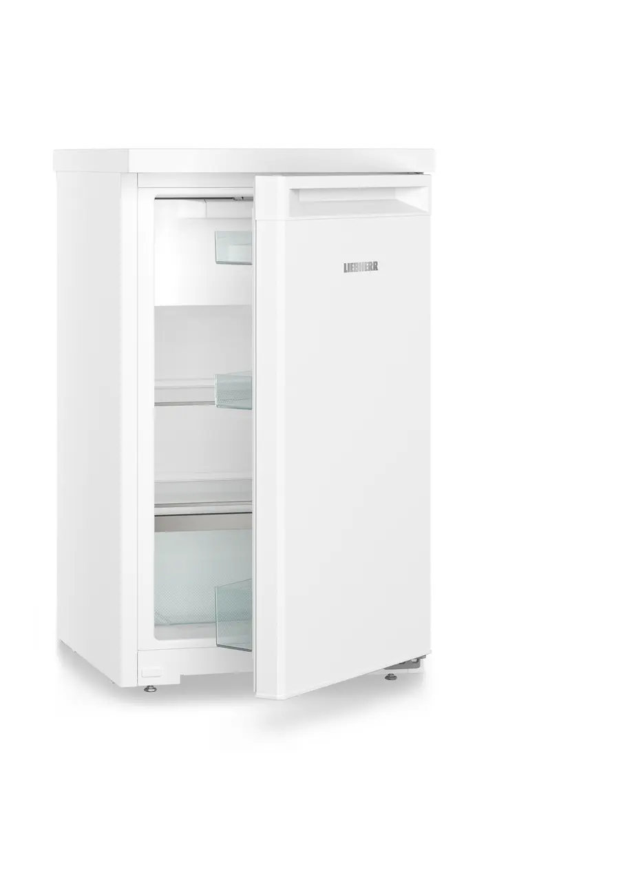 Obrázok produktu, Perspektíva: Šikmo, spotrebič polootvorený, prázdny, Stolová chladnička, Farba steny: Biely, Farba dverí: Biely