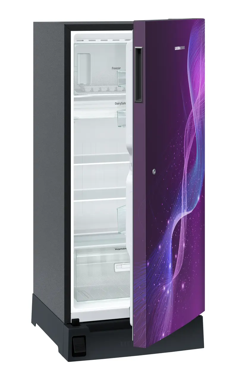 Product image, Perspective: oblique half-open empty, Single-door refrigerator 191 l in 3 star with foot pedal base drawer, Casing colour: grey, Door colour: Purple Strings