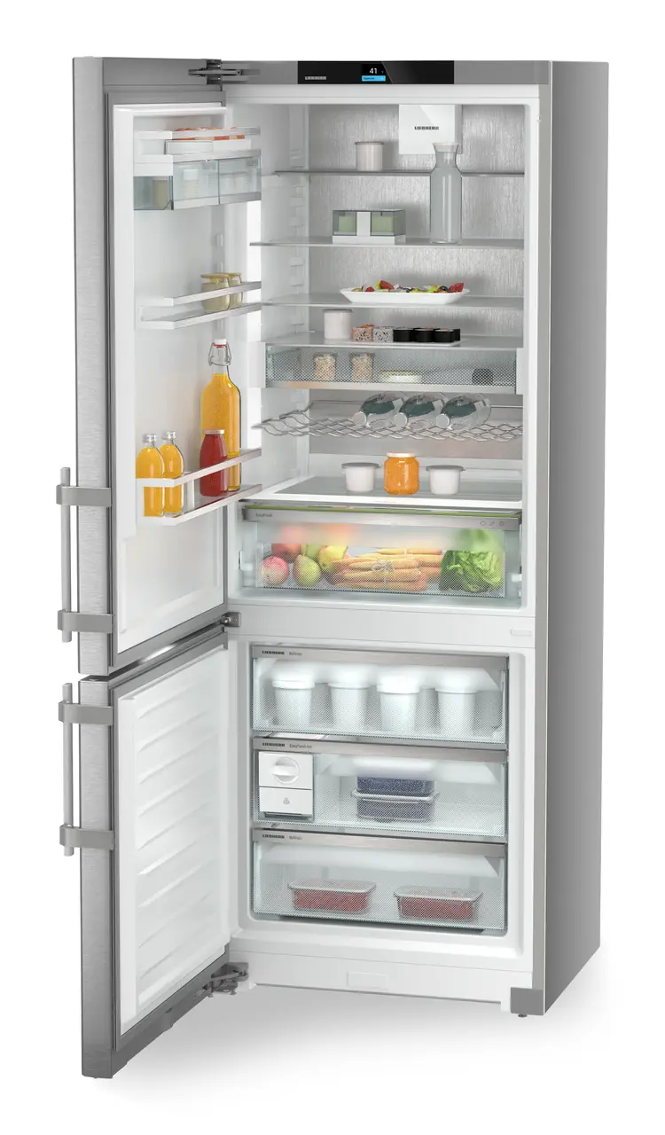 Product image, Perspective: oblique open decorated, Combined fridge-freezers with EasyFresh and NoFrost, Casing colour: silver, Door colour: stainless steel