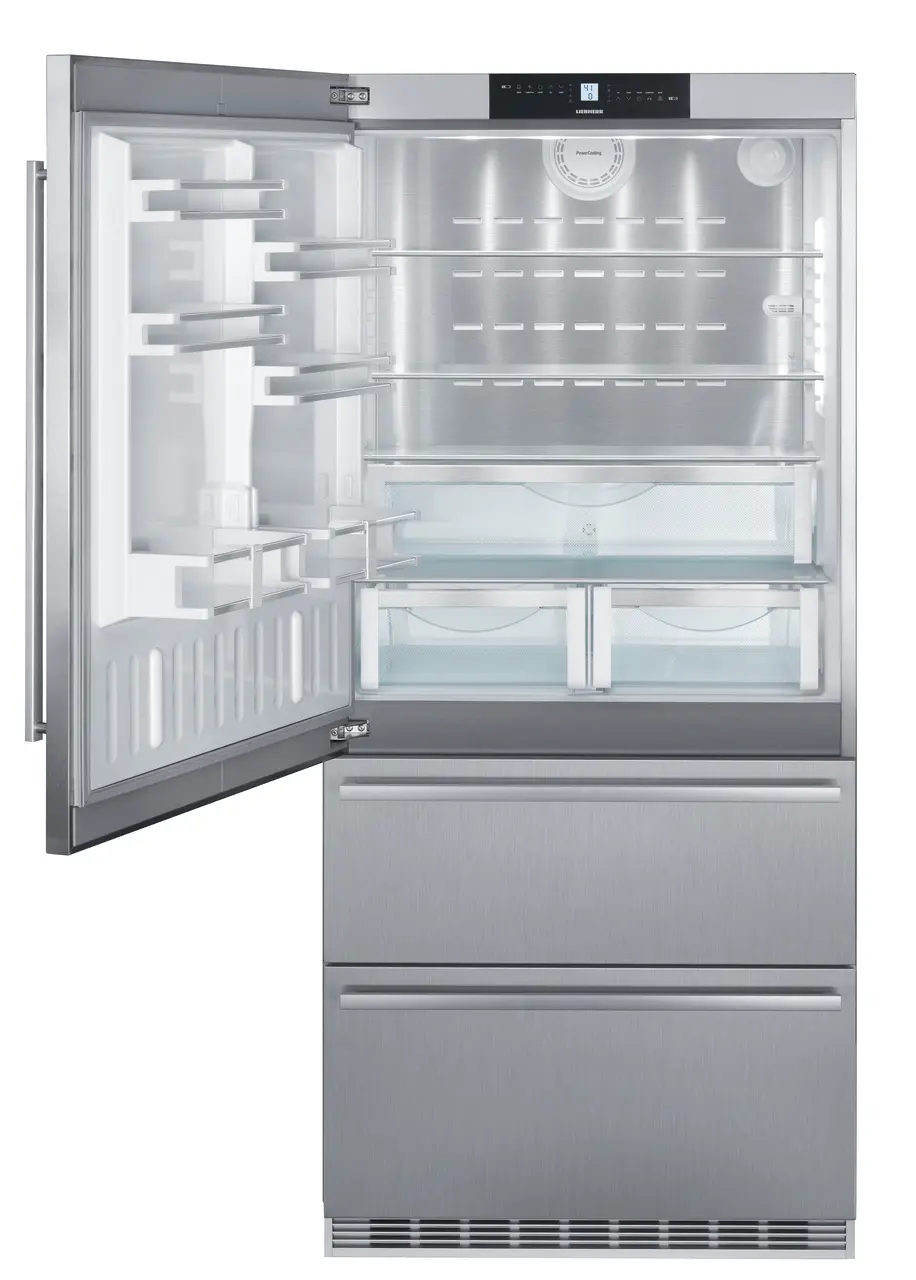 Product image, Perspective: straight open empty, Fridge-freezer with NoFrost, Casing colour: stainless steel, Door colour: stainless steel