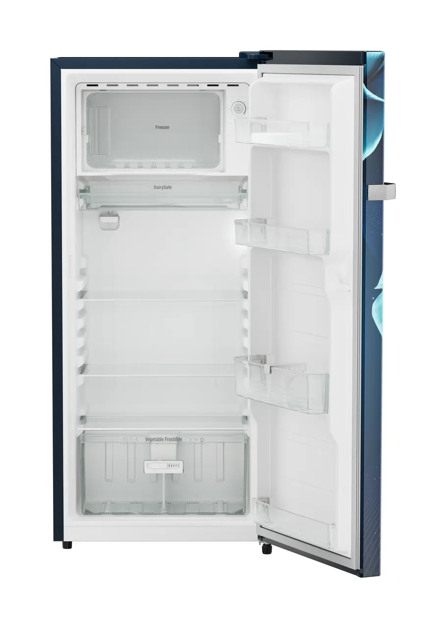 Product image, Perspective: straight open empty, Single-door refrigerator 202 l in 3 star and horizontal handle, Casing colour: blue, Door colour: Blue Divine