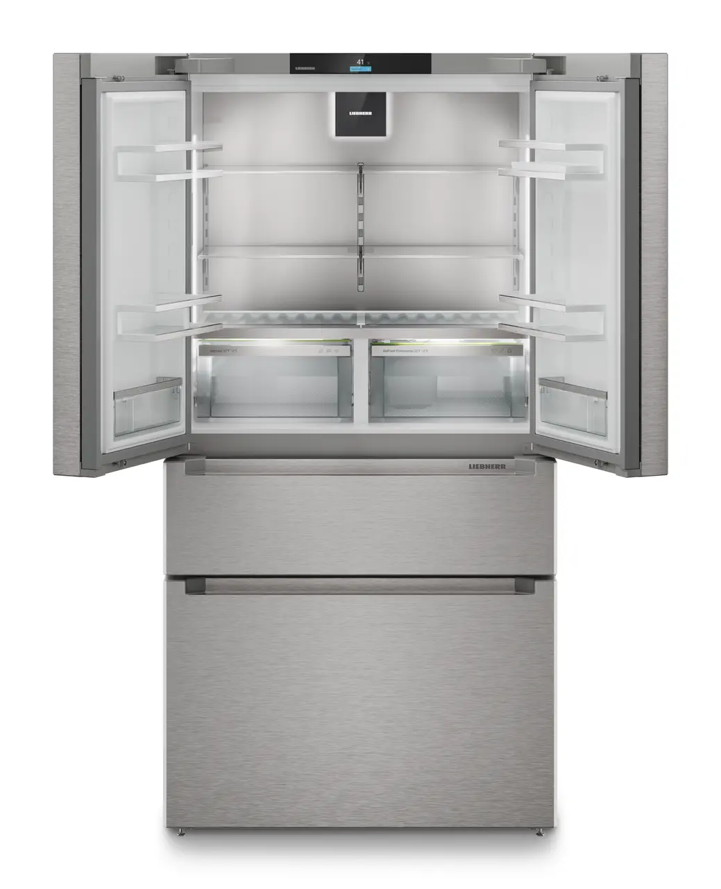 Image de produit, Perspective: Droit ouvert vide, Réfrigérateur-congélateur FrenchDoor avec 2 tiroirs de congélation, IceMaker et InfinitySpring, Couleur de porte: acier inox