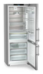 Product image, Perspective: oblique open empty, Combined fridge-freezers with EasyFresh and NoFrost, Casing colour: silver, Door colour: stainless steel