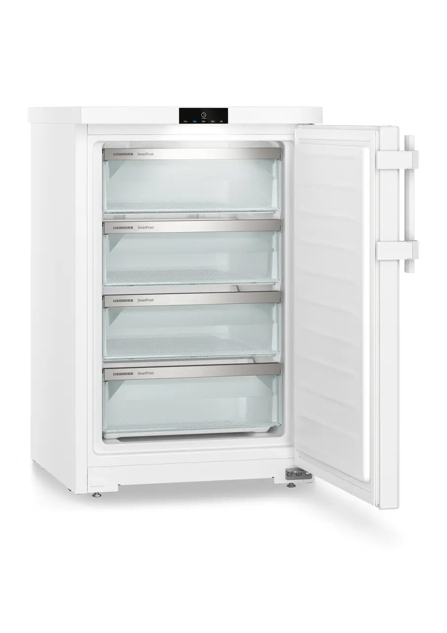 Produkt-Bild, Perspektive: schräg offen leer, Tischgefrierschrank mit SmartFrost, Gehäusefarbe: Weiß, Türfarbe: Weiß