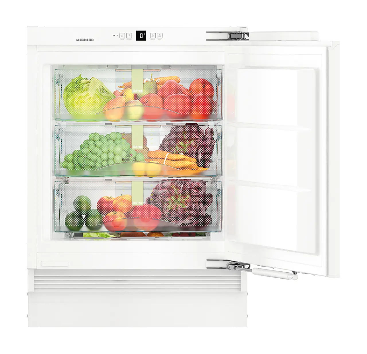 Product image, Perspective: straight open decorated, Under-worktop, full-space BioFresh refrigerator for integrated use