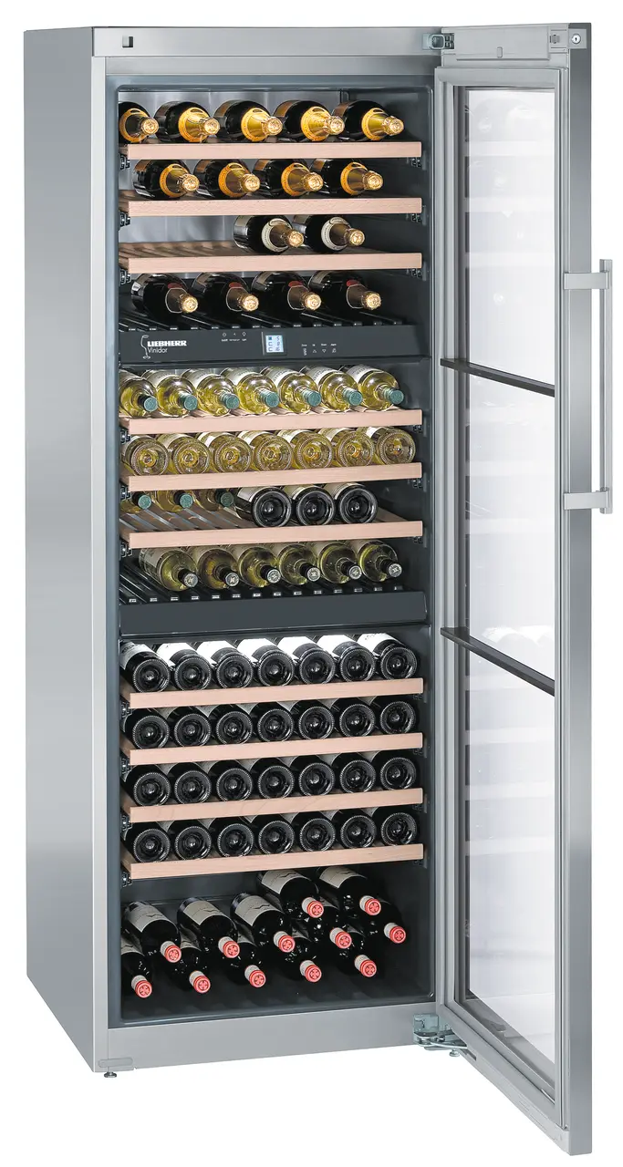 Product image, Perspective: oblique open decorated, Multi-temperature wine cabinet, Casing colour: stainless steel, Door colour: stainless steel