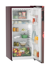 Product image, Perspective: oblique open decorated, Single-door refrigerator 191 l in 3 star with VegFresh box, Casing colour: red, Door colour: Red Divine