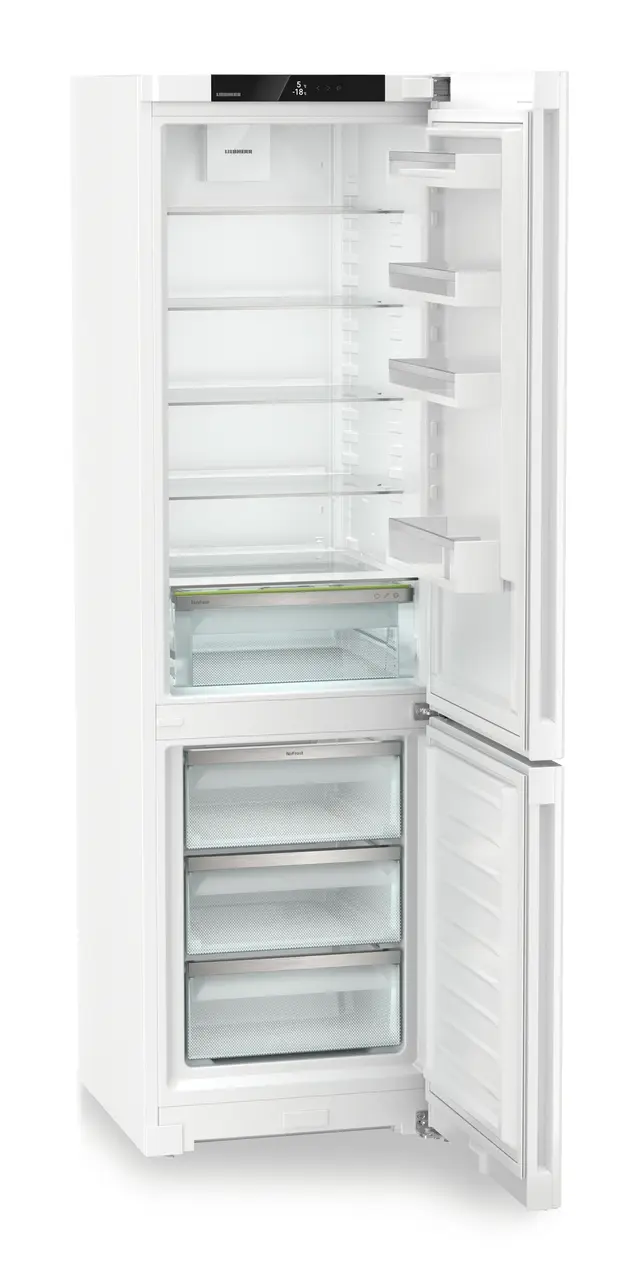 Product image, Perspective: oblique open empty, Combined fridge-freezers with EasyFresh and NoFrost, Casing colour: white, Door colour: white
