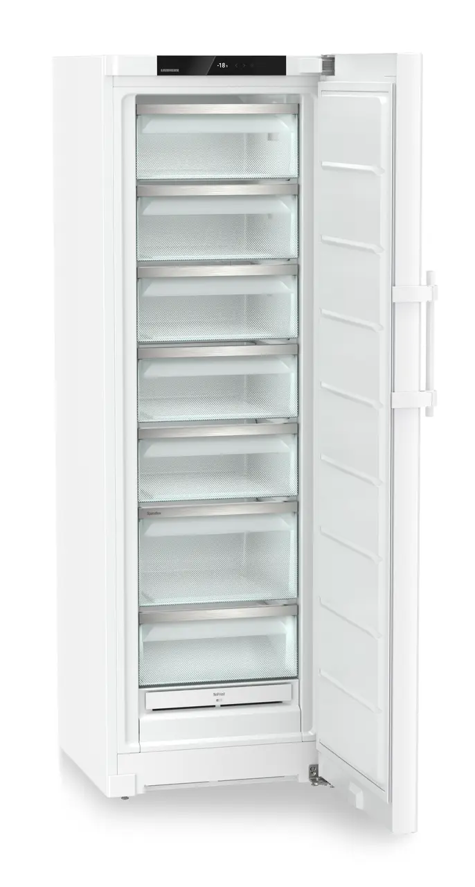 Изображение продукции, Перспектива: Под углом, с открытой дверцей, без продуктов, Морозильная камера с системой NoFrost, Цвет корпуса: белый, Цвет дверцы: белый