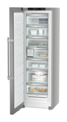 Product image, Perspective: oblique open decorated, Freestanding freezer with NoFrost and EasyTwist-Ice, Casing colour: silver, Door colour: stainless steel