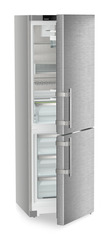 Product image, Perspective: oblique half-open empty, Combined fridge-freezers with EasyFresh and NoFrost, Casing colour: silver, Door colour: stainless steel