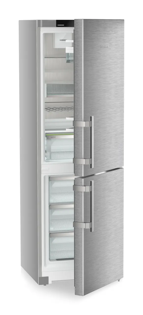 Product image, Perspective: oblique half-open empty, Combined fridge-freezers with EasyFresh and NoFrost, Casing colour: silver, Door colour: stainless steel