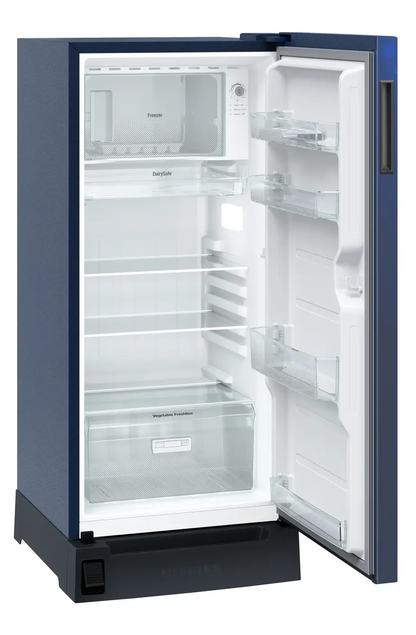Product image, Perspective: oblique open empty, Single-door refrigerator 222 l in 5 star with foot pedal base drawer, Casing colour: blue, Door colour: Blue Rosette