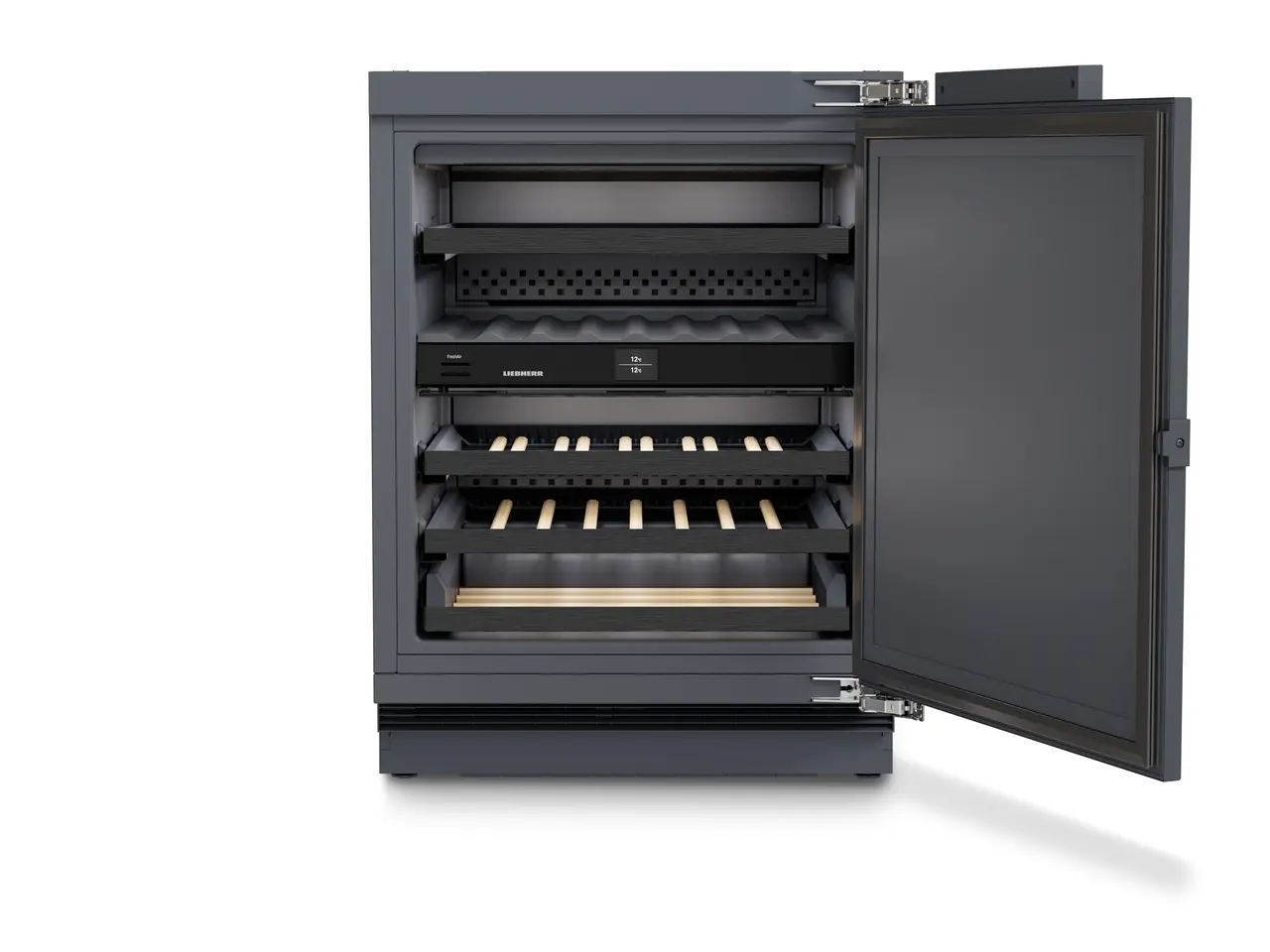 Termékkép, Perspektíva: Egyenes nyitott üres, Borhűtőszekrény, amely alkalmas pult alá történő beépítésre a borok temperálásához, Készülékház színe: Antracit, Ajtó színe: Antracit
