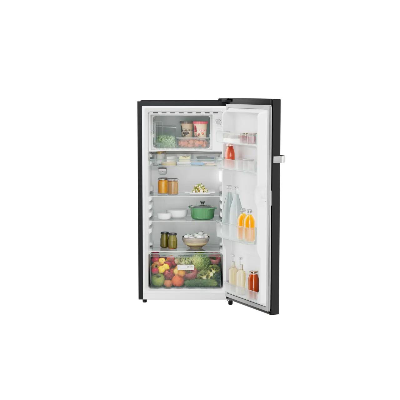 Product image, Perspective: straight open decorated, Single-door refrigerator 191 l in 5 star with inverter compressor, Casing colour: grey, Door colour: Black Gloss