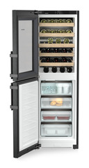 Product image, Perspective: straight open decorated, Combination with NoFrost freezer compartment and wine tempering compartment, Casing colour: BlackSteel, Door colour: BlackSteel