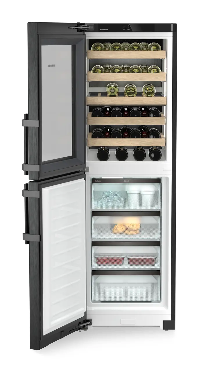 Product image, Perspective: straight open decorated, Combination with NoFrost freezer compartment and wine tempering compartment, Casing colour: BlackSteel, Door colour: BlackSteel