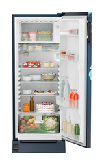 Product image, Perspective: straight open decorated, Single-door refrigerator 222 l in 3 star with foot pedal base drawer, Casing colour: blue, Door colour: Blue Divine