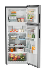 Product image, Perspective: straight open decorated, Fridge-freezer with NoFrost, Casing colour: grey, Door colour: Silver Steel