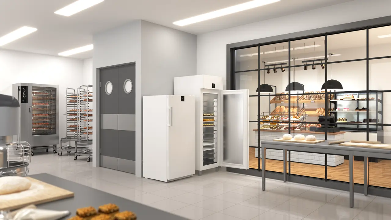 Produkt-Bild, Perspektive: Milieu, Kühlgerät Bäckereinorm mit Umluftkühlung, Gehäusefarbe: Weiß, Türfarbe: Weiß