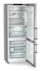 Product image, Perspective: oblique open empty, Fridge-freezer with BioFresh and NoFrost, Casing colour: silver, Door colour: stainless steel