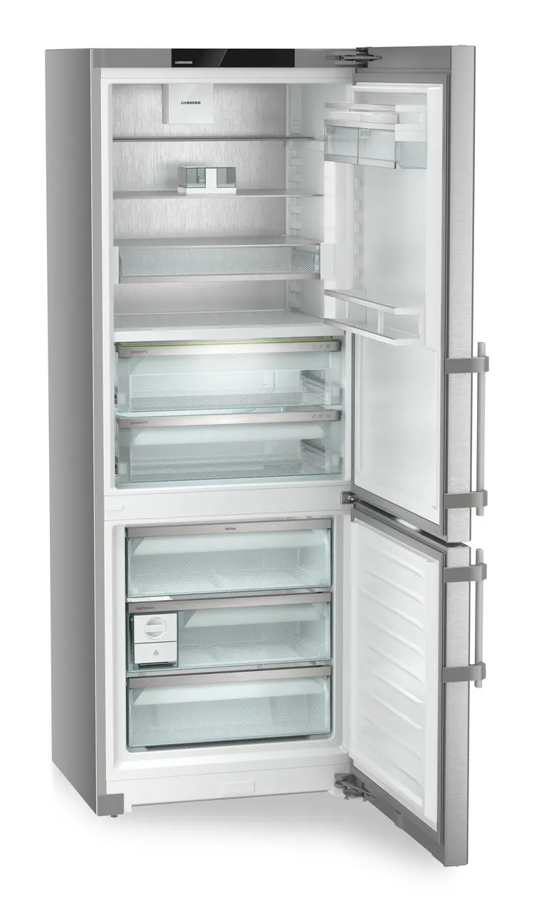 Product image, Perspective: oblique open empty, Fridge-freezer with BioFresh and NoFrost, Casing colour: silver, Door colour: stainless steel
