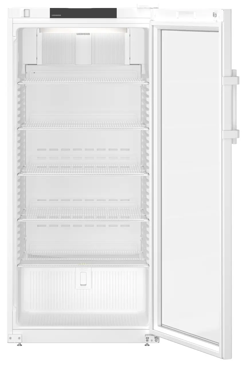 Produkt-Bild, Perspektive: gerade offen leer, Laborkühlgerät mit Umluftkühlung, Gehäusefarbe: Weiß, Türfarbe: Weiß