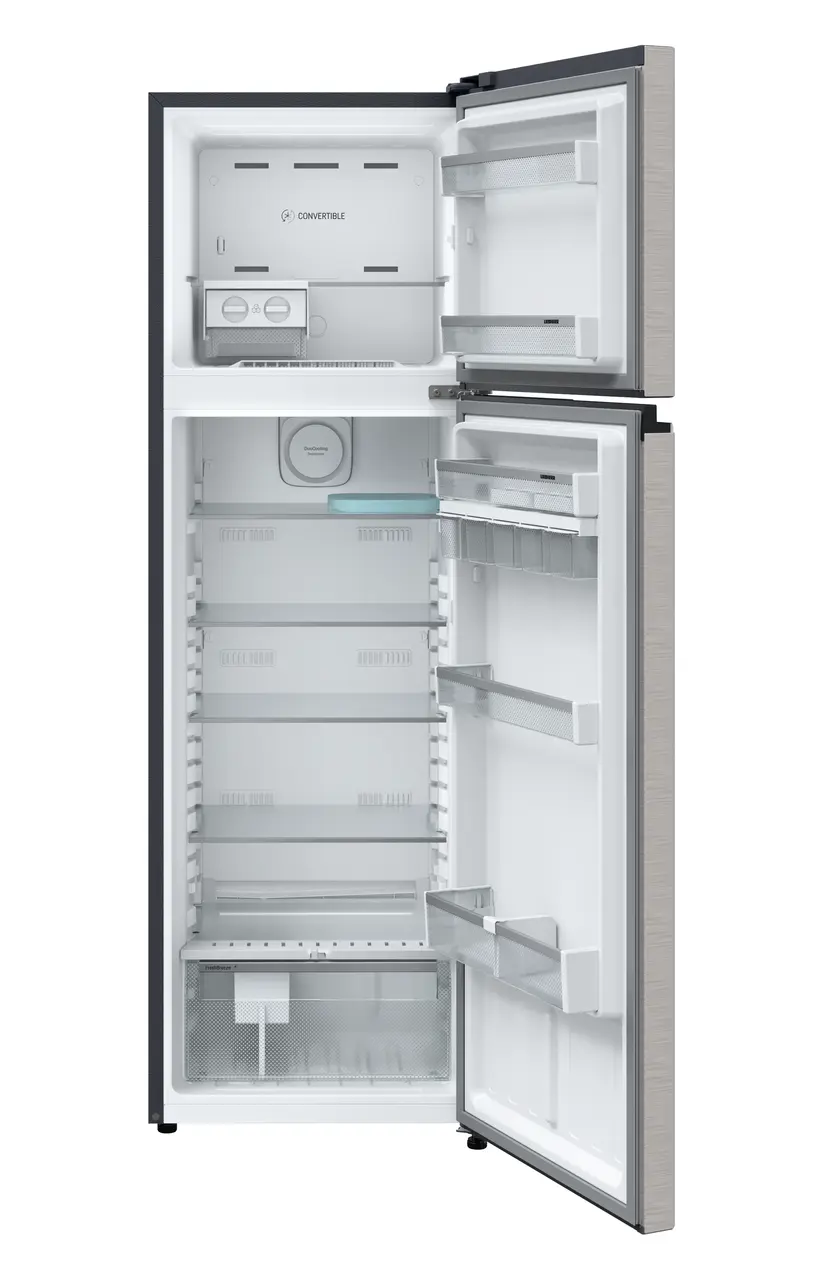 Product image, Perspective: straight open empty, Fridge-freezer with NoFrost, Casing colour: grey, Door colour: Grey Steel