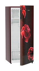 Product image, Perspective: oblique half-open empty, Single-door refrigerator 222 l in 3 star with VegFresh box, Casing colour: red, Door colour: Red Divine