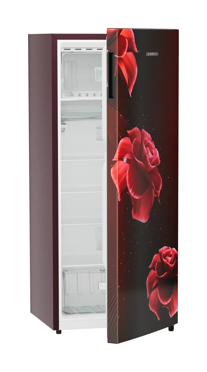 Product image, Perspective: oblique half-open empty, Single-door refrigerator 222 l in 3 star with VegFresh box, Casing colour: red, Door colour: Red Divine