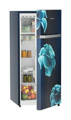 Product image, Perspective: oblique half-open decorated, Single-door refrigerator 202 l in 3 star and horizontal handle, Casing colour: blue, Door colour: Blue Divine