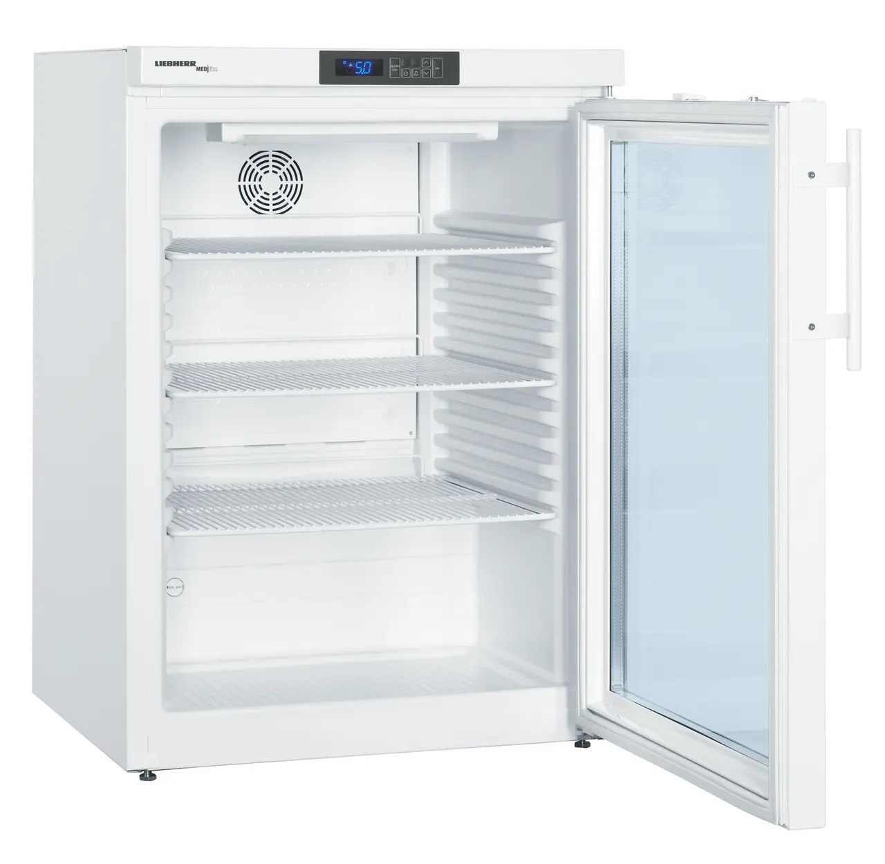 Product image, Perspective: oblique open empty, Lab refrigerator with Comfort electronic controller, Casing colour: white
