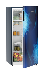 Product image, Perspective: oblique half-open decorated, Single-door fridge 186 l in 3 star with VegFresh box, Casing colour: blue, Door colour: Blue Mystiq