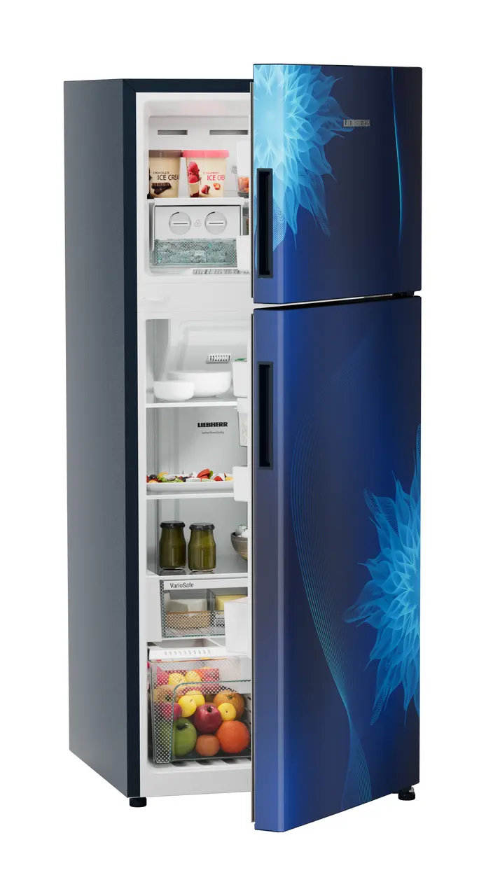 Product image, Perspective: oblique half-open decorated, Fridge-freezer with NoFrost, Casing colour: blue, Door colour: Blue Mystiq