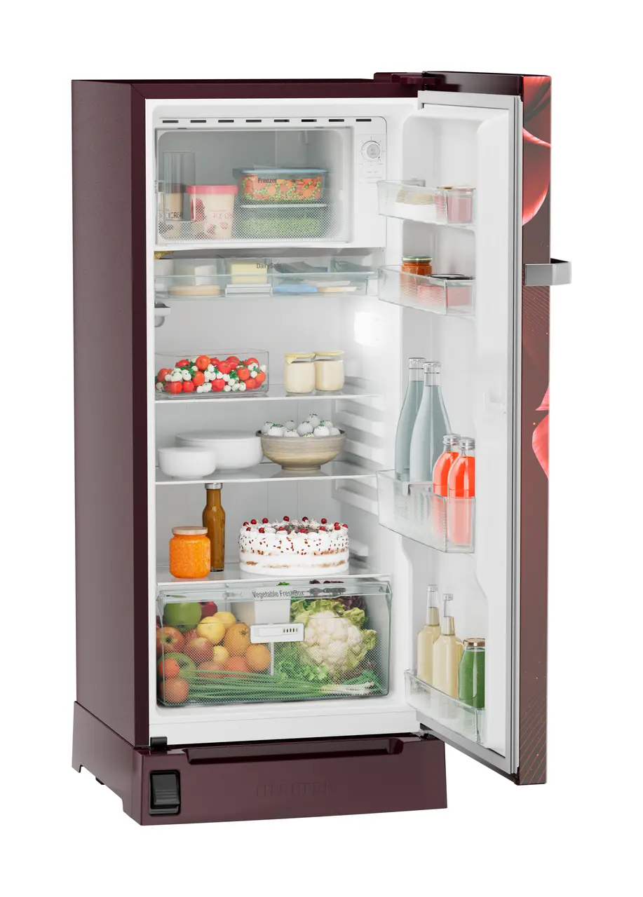 Product image, Perspective: oblique open decorated, Single-door refrigerator 191 l in 5 star with inverter compressor, Casing colour: red, Door colour: Red Divine