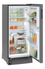 Product image, Perspective: oblique open decorated, Single-door refrigerator 202 l in 3 star with foot pedal base drawer, Casing colour: grey, Door colour: Silver Steel