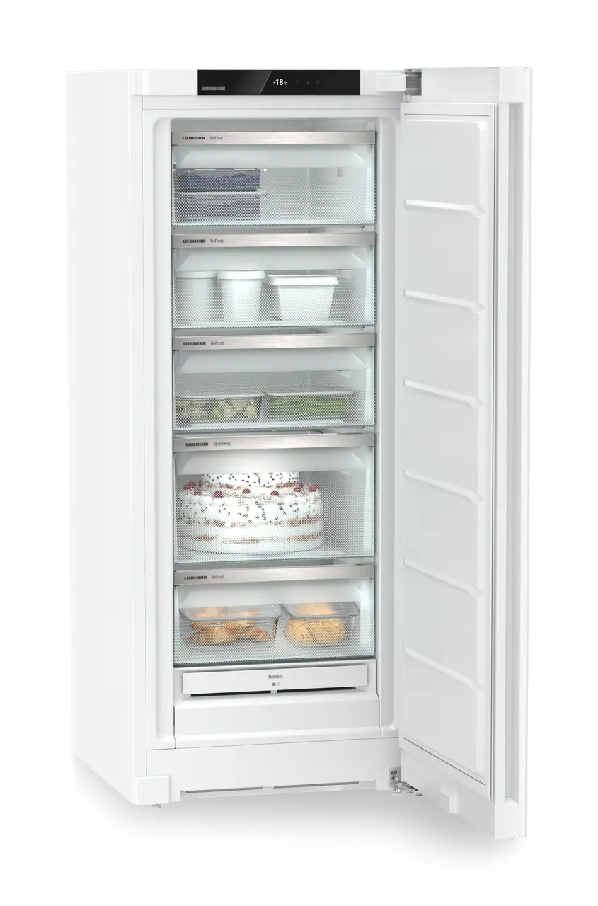 Изображение продукции, Перспектива: Под углом, с открытой дверцей, с продуктами, Морозильная камера с системой NoFrost, Цвет корпуса: белый, Цвет дверцы: белый