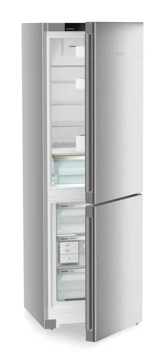 Product image, Perspective: oblique half-open empty, Fridge-freezer with BioFresh and NoFrost, Casing colour: silver, Door colour: Steelfinish