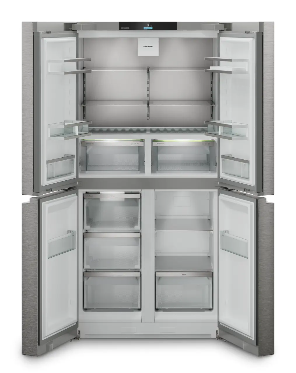 Immagine del prodotto, Prospettiva: Frontale aperto vuoto, Frigorifero a 4 porte French Door con IceMaker, Colore della struttura: argento, Colore della porta: acciaio inox